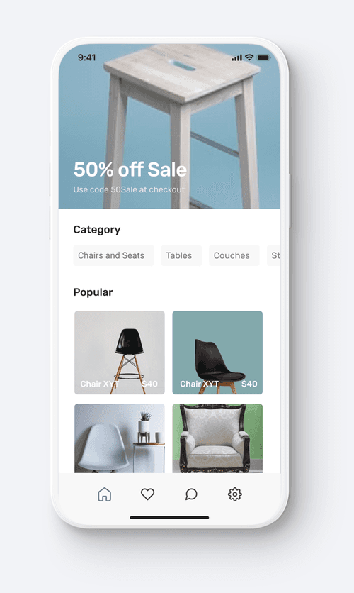 ShopAR home screen with categories and popular items.