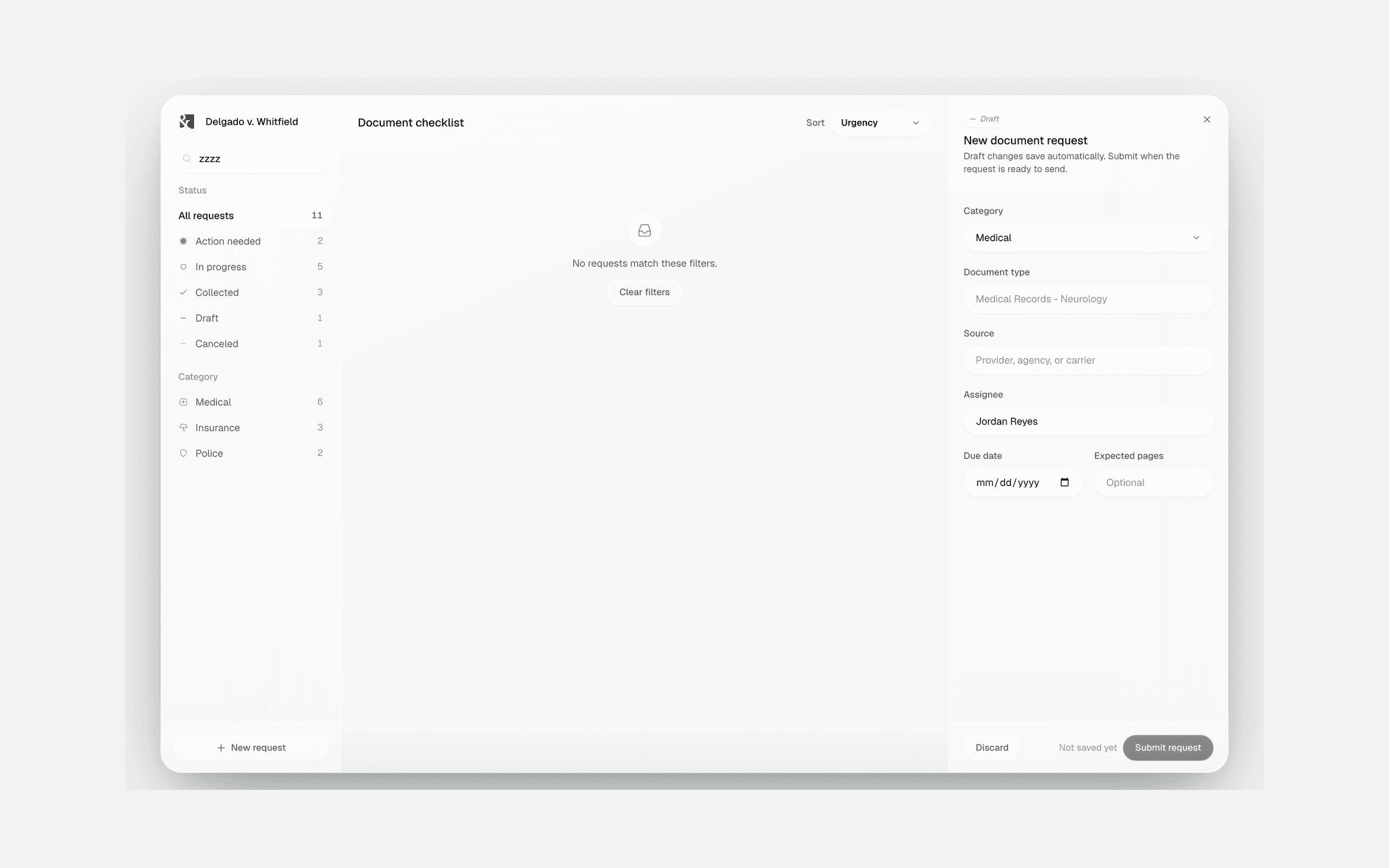 Empty state when no requests match the current search, with a clear-filters action.
