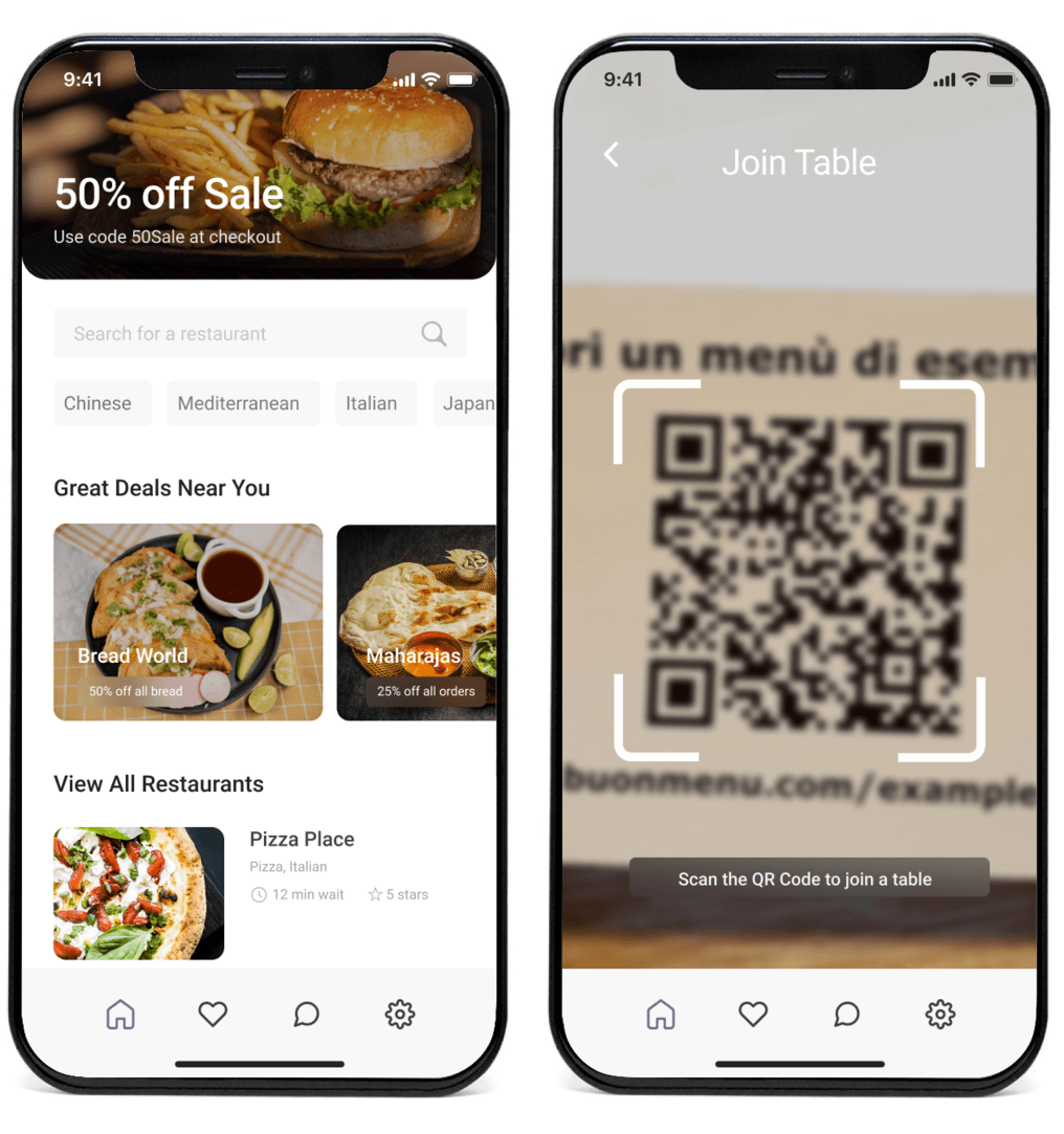 High-fidelity screens: exploring restaurants and joining a table by QR code.