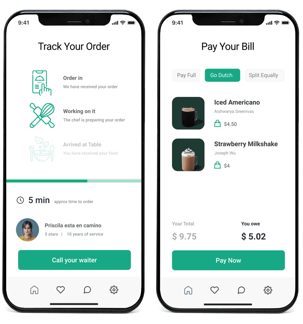 High-fidelity screens: splitting and paying the bill in-app.