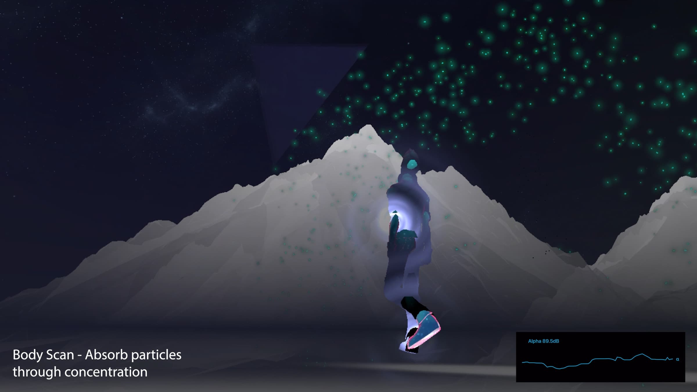 Body scan scene with energy particles entering the body.