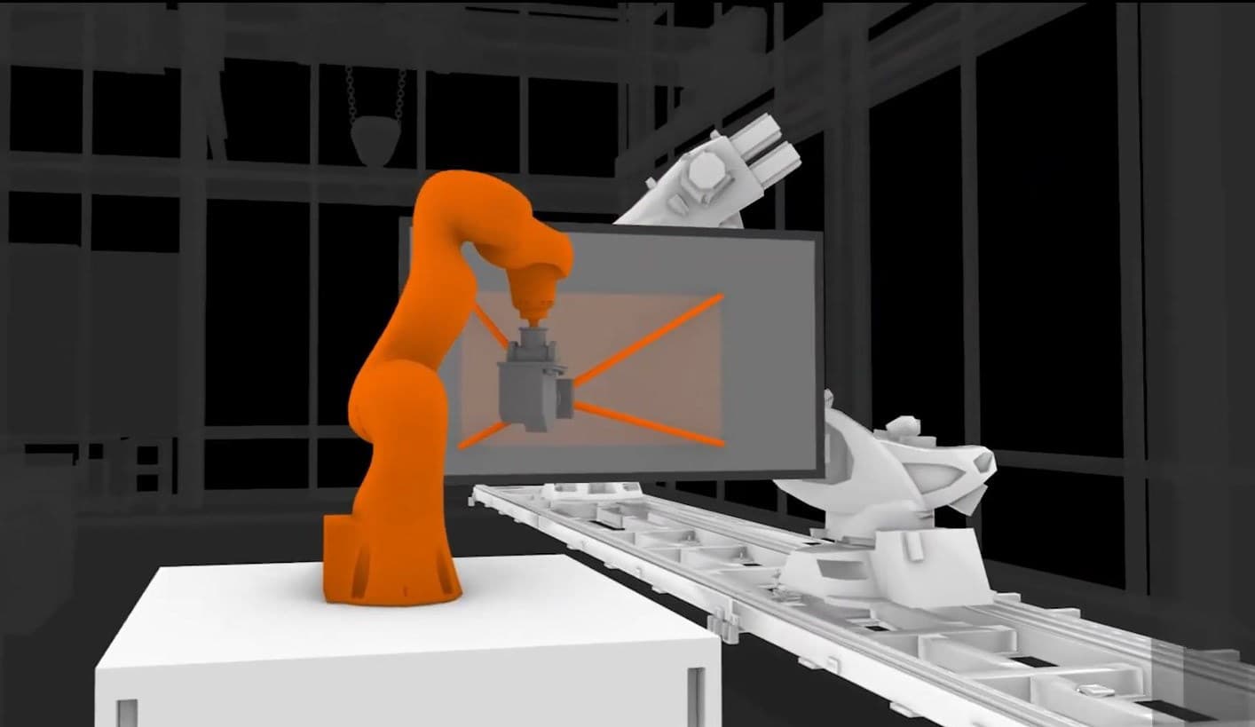 The IIWA Lady collaborative robot with the virtual scene it films.