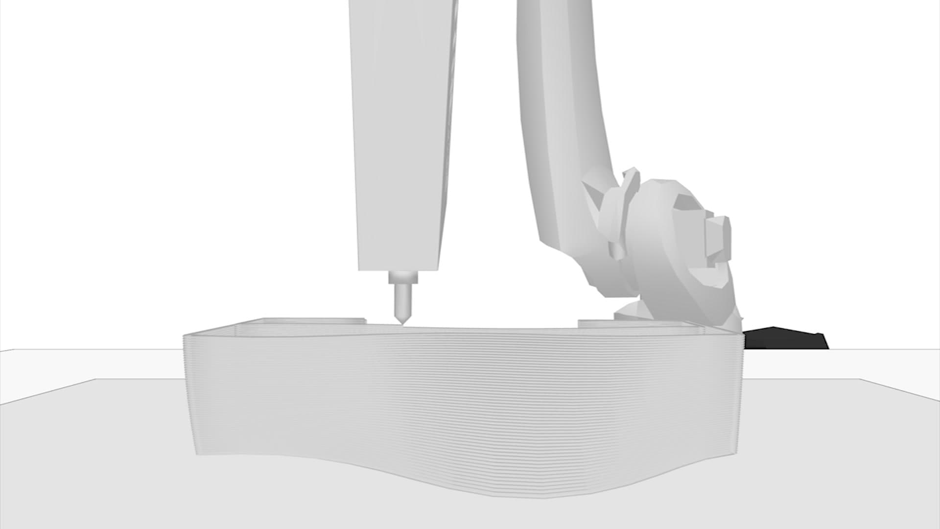 Digital simulation of the robotic arm and extrusion head over the curved print surface.