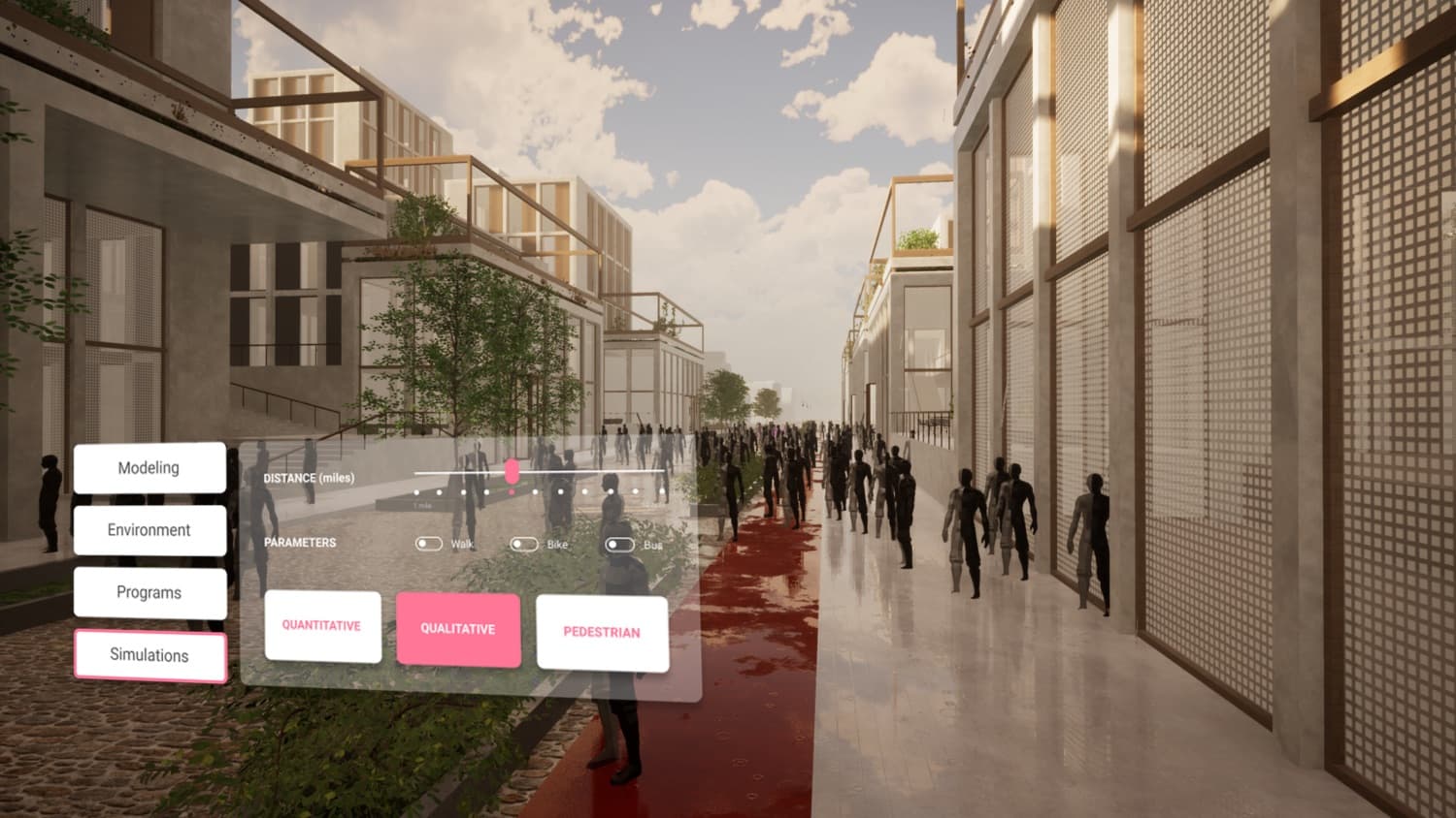 Full-scale pedestrian simulation experienced at street level in VR.