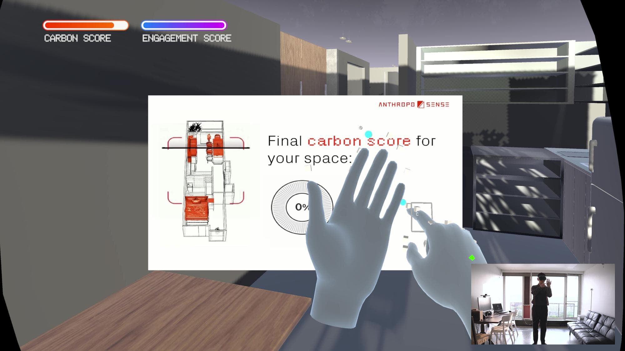 Final carbon score panel floating inside the scanned room.