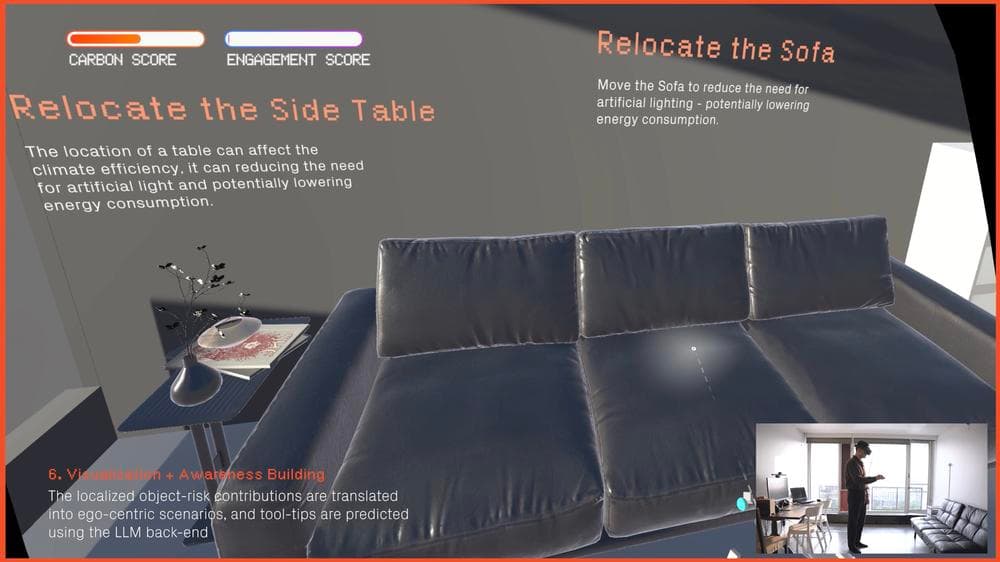 VR task overlay prompting sofa and side-table relocation for carbon reduction.