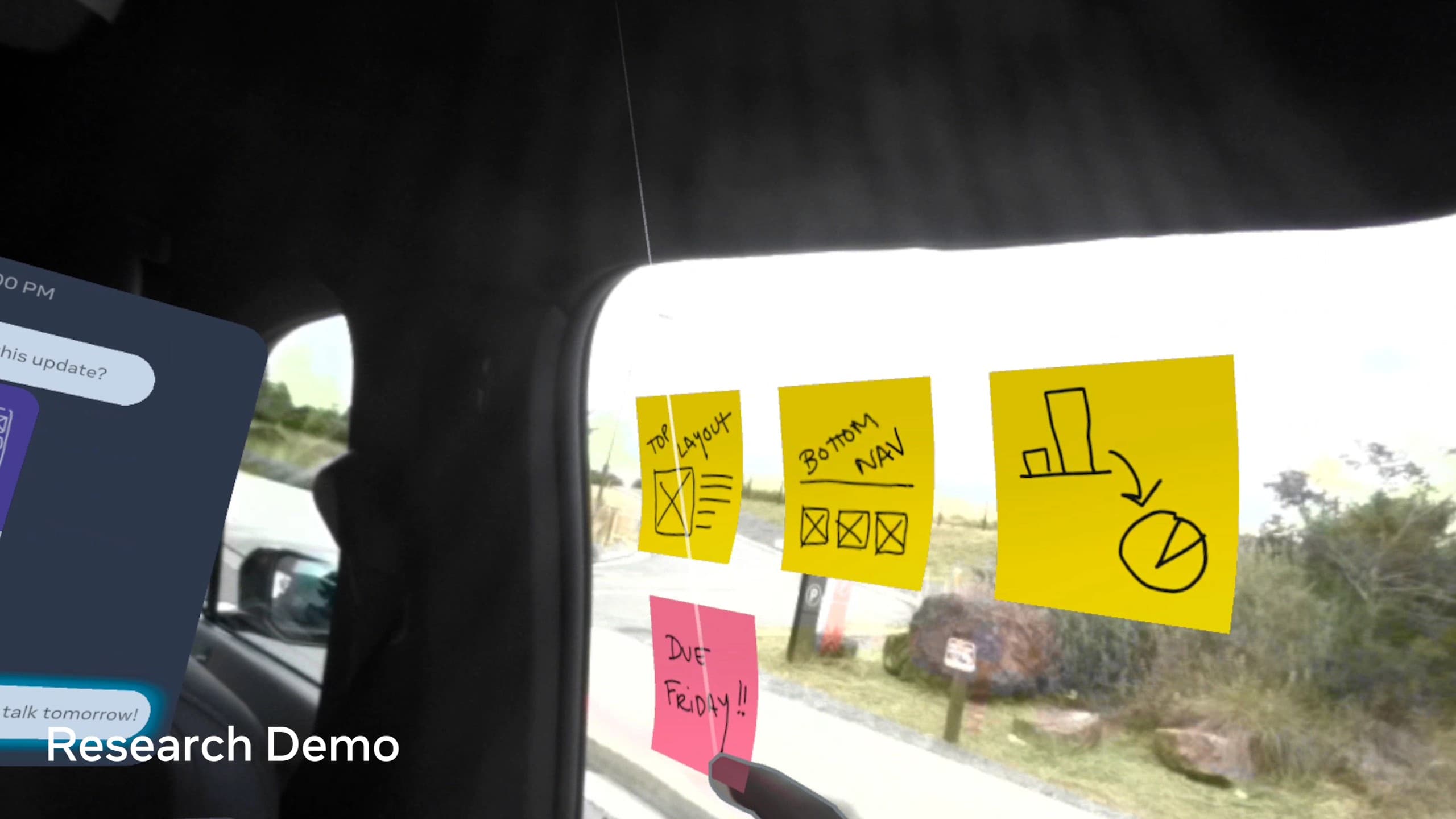 Mixed-reality demo on a Meta device showing stable AR content in the car.