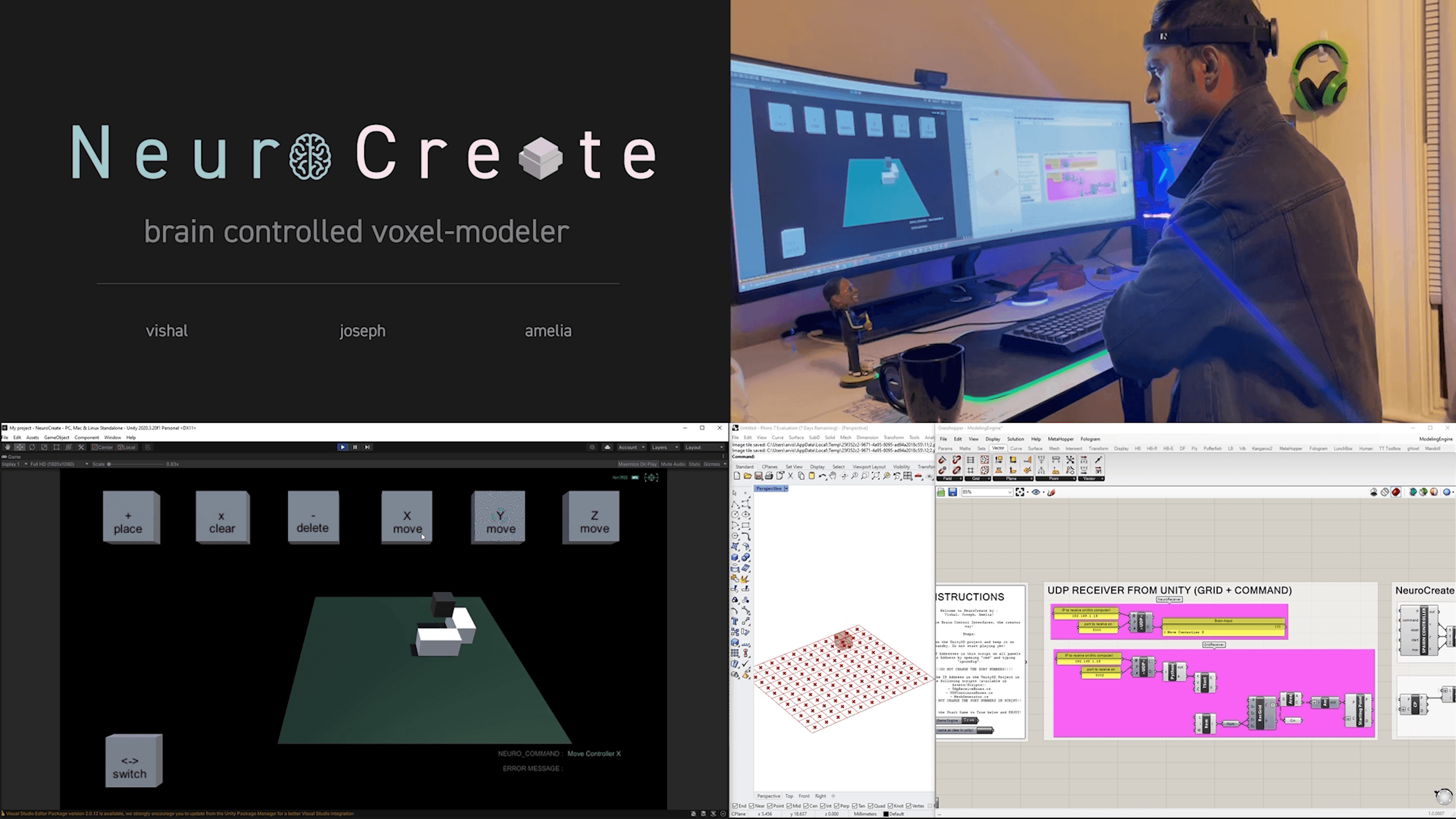 NeuroCreate prototype collage with headset user, Unity interface, and Grasshopper bridge.