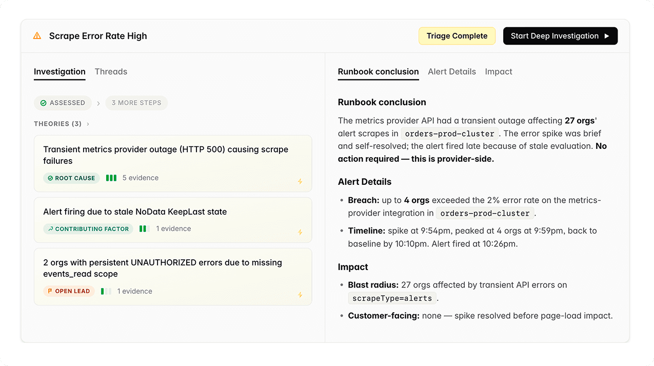 ResolveAI ranked triage workflow with theories and runbook conclusion.