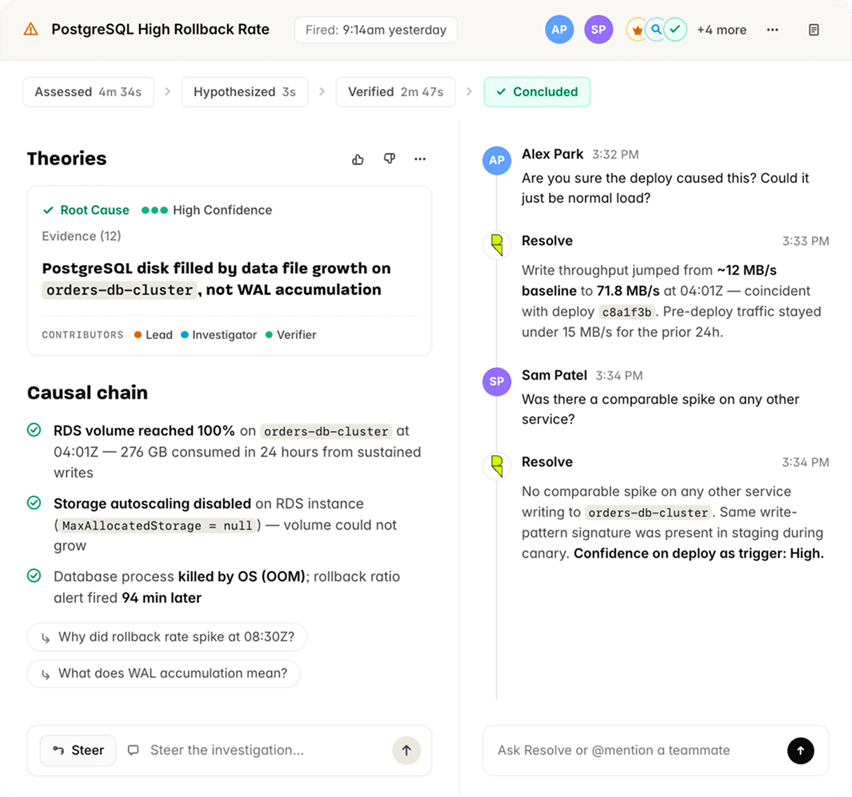 ResolveAI collaborative incident war room with theories and engineer chat.